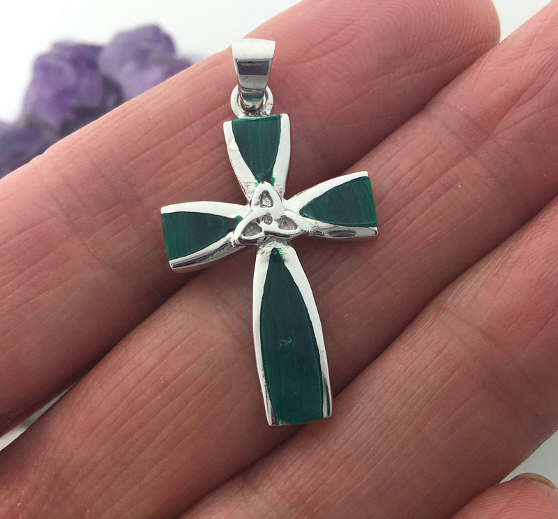 Sterling Silver Trinity Abalone & Malachite Cross (BQ1023) "Strength of Three," Irish Cross,Scottish Cross, Christian Celtic cross