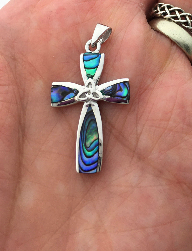 Sterling Silver Trinity Abalone & Malachite Cross (BQ1023) "Strength of Three," Irish Cross,Scottish Cross, Christian Celtic cross