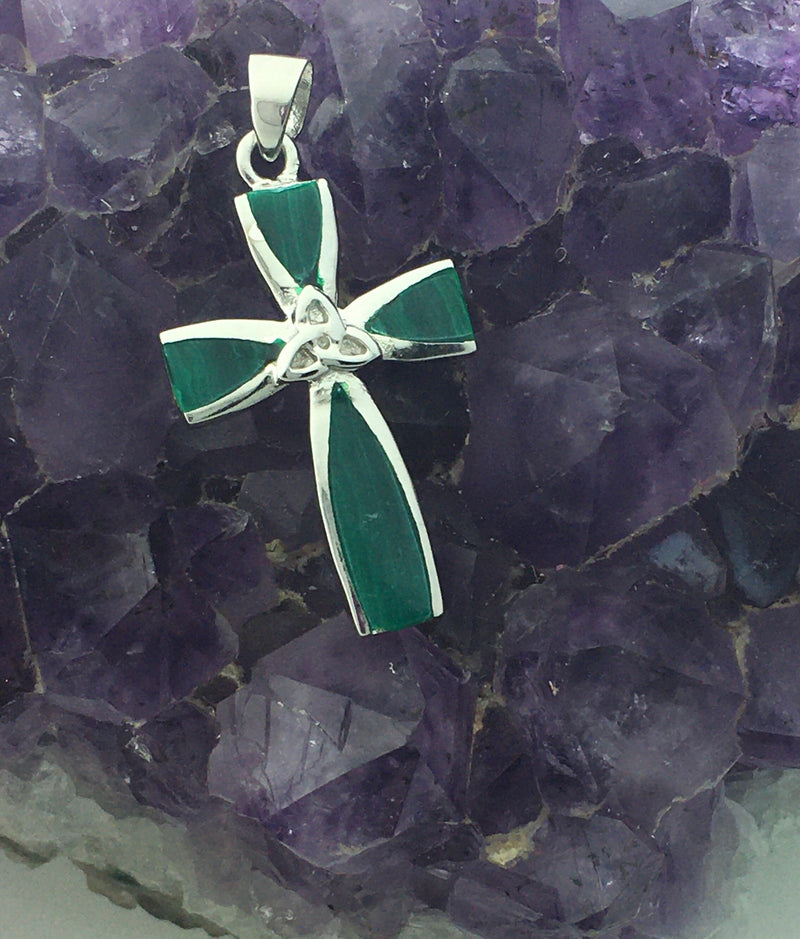 Sterling Silver Trinity Abalone & Malachite Cross (BQ1023) "Strength of Three," Irish Cross,Scottish Cross, Christian Celtic cross