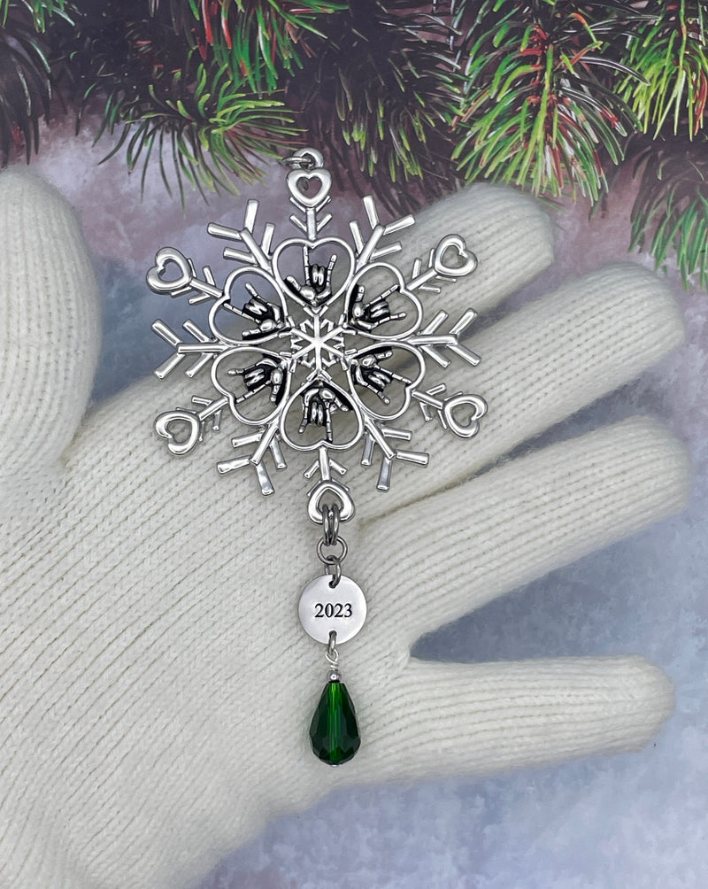 Limited Edition 2023 ASL I love you Snowflake Ornament, (6060limitedGreen) American Sign Language I love you Ornament