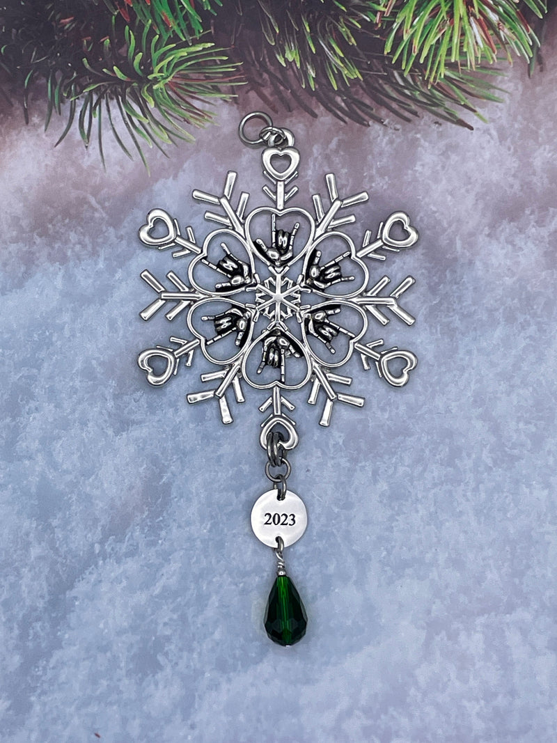 Limited Edition 2023 ASL I love you Snowflake Ornament, (6060limitedGreen) American Sign Language I love you Ornament