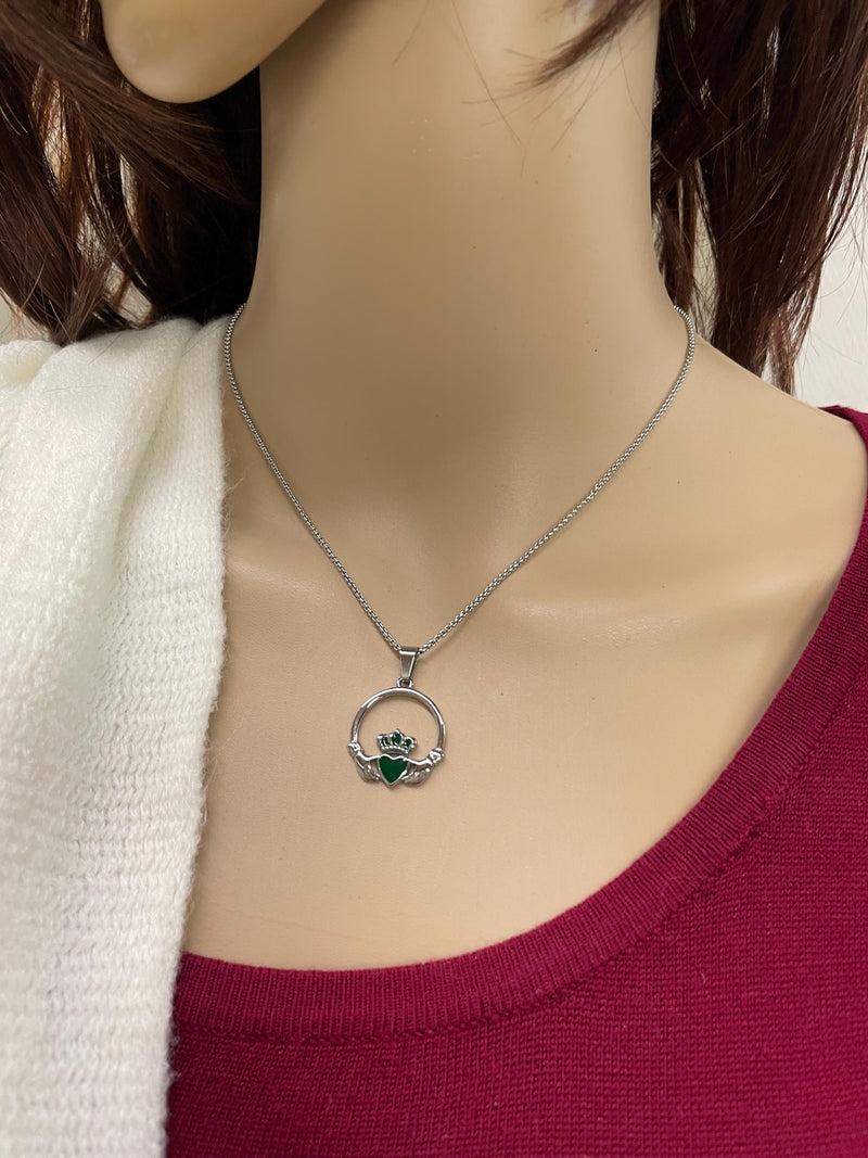 Emerald Enamel Claddagh necklace (S409) 316 L Stainless Irish Pendant