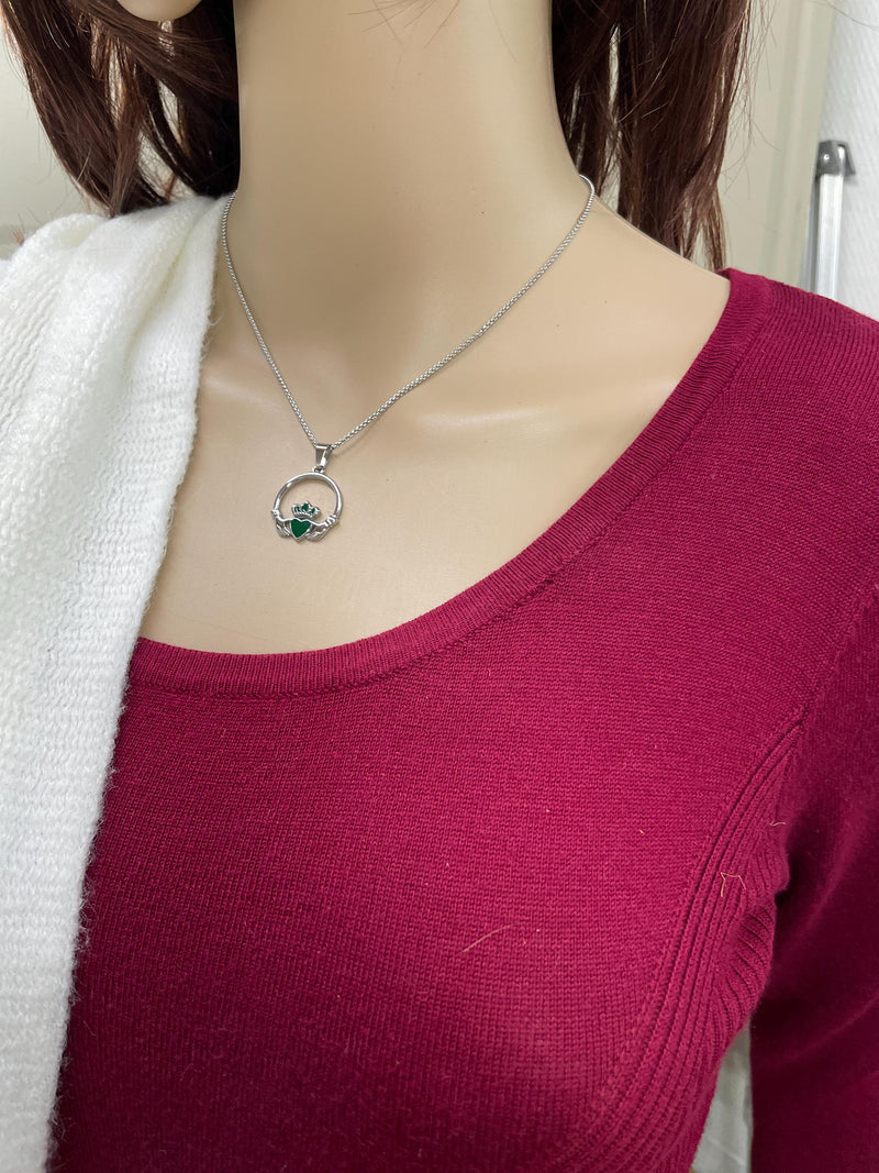 Emerald Enamel Claddagh necklace (S409) 316 L Stainless Irish Pendant