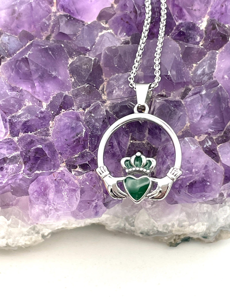 Emerald Enamel Claddagh necklace (S409) 316 L Stainless Irish Pendant