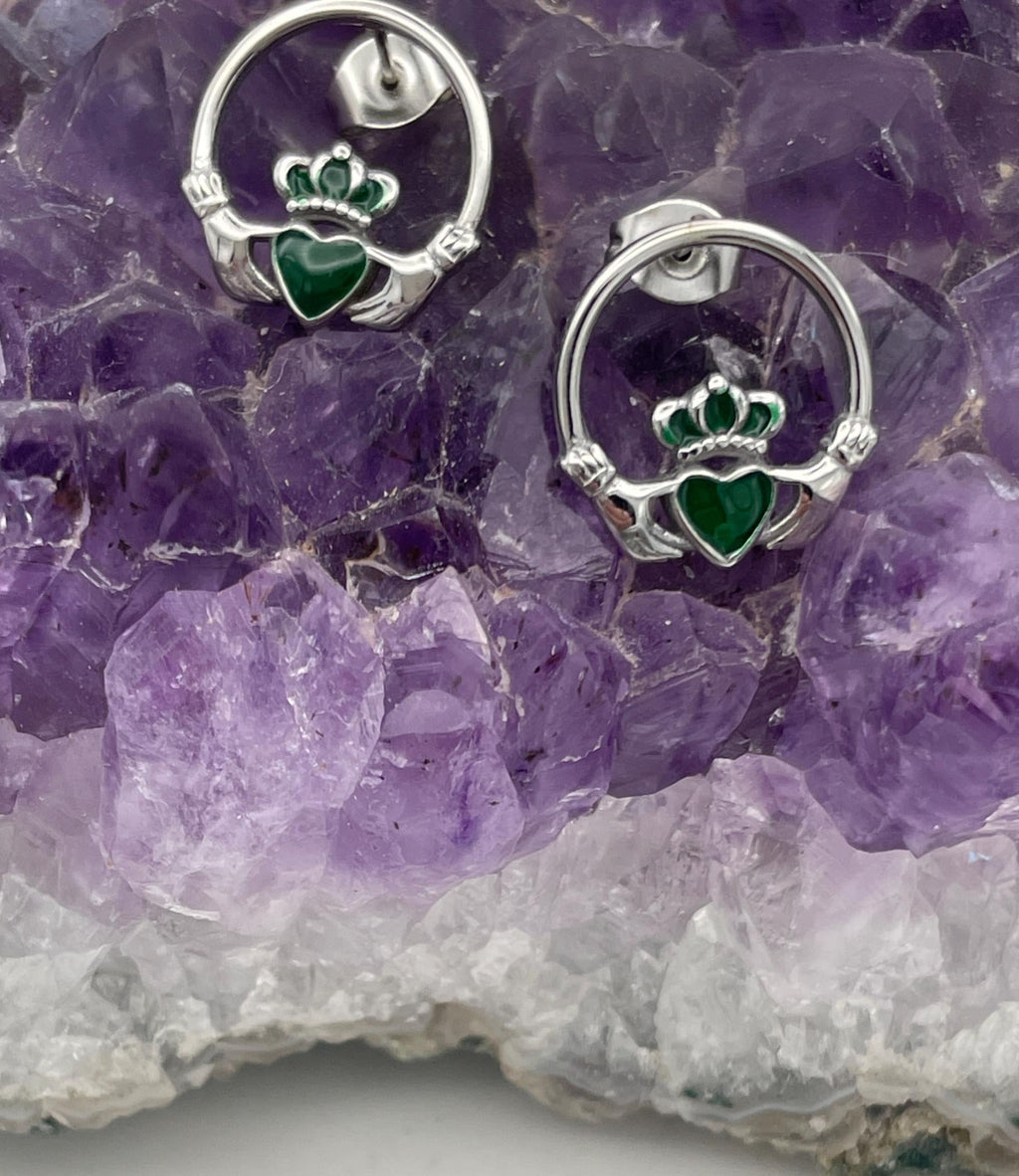 Emerald Enamel Claddagh Posts Earrings (S395) 316 L Stainless Steel Stud Earrings