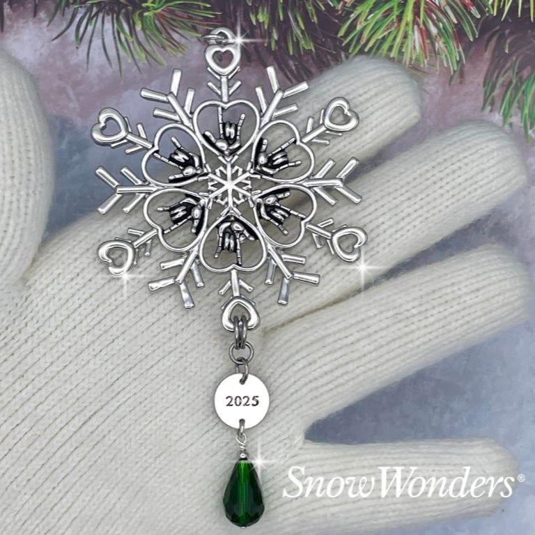 Limited Edition 2023 ASL I love you Snowflake Ornament, (6060limitedGreen) American Sign Language I love you Ornament