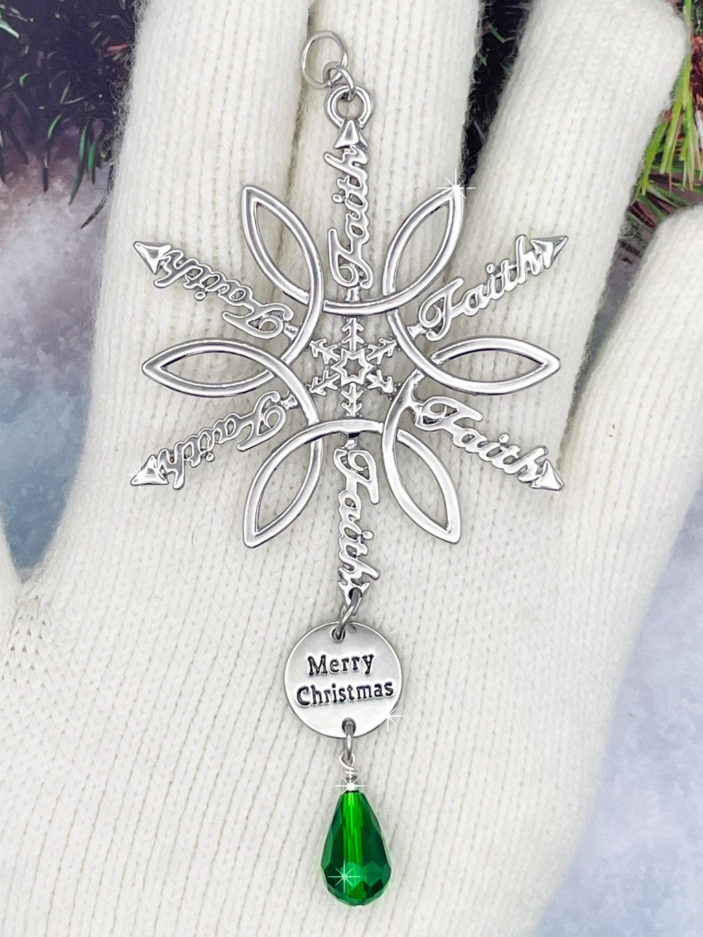Faith & Ichthus Ornament Snowflake SnowWonders® , (6092MerryGreen) personalized custom Christian Ornament,