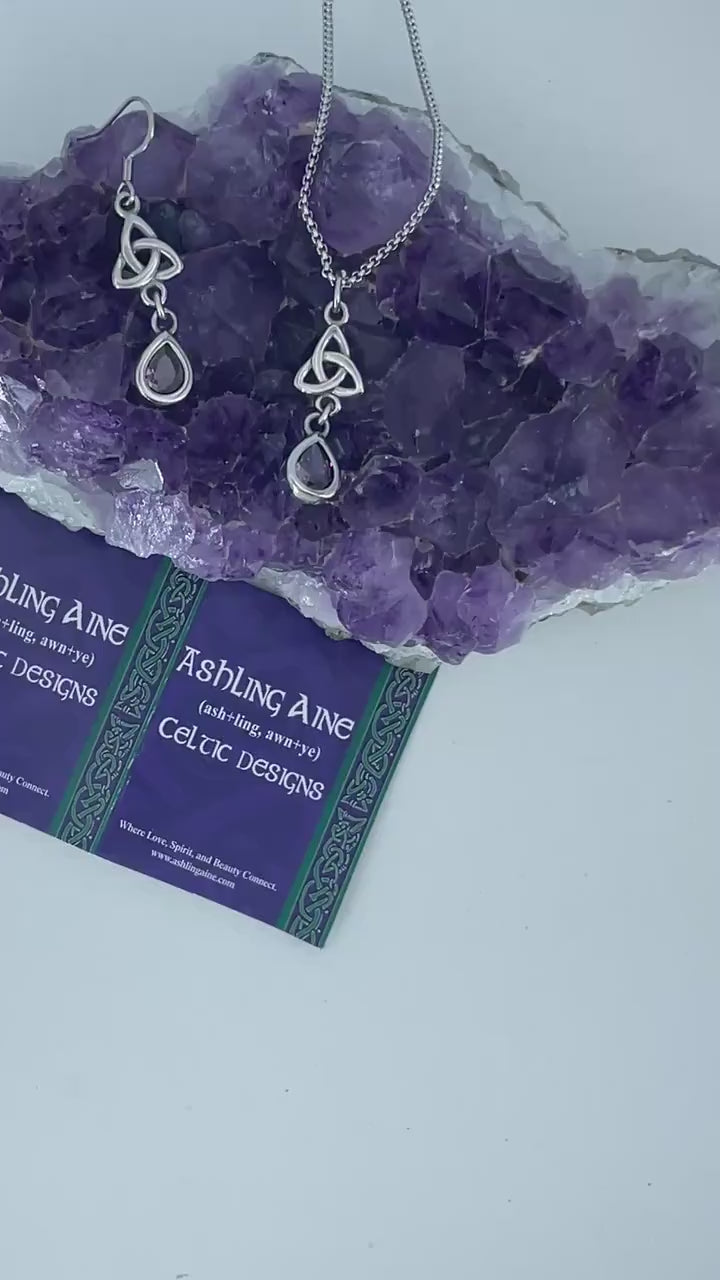Tear Drop STONE Trinity Pendant & Earring (HM183) Irish, Scottish, Celtic, Christian Jewelry