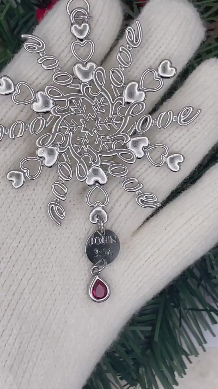 John 3:16 LOVE & Hearts  SnowWonders® Snowflake Ornament, (6094-John3 16)  Christmas personalized Christian custom