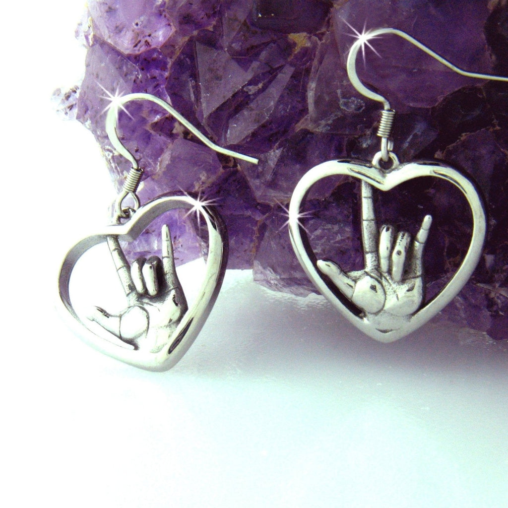 American Sign Language "I love you" Heart Earrings, (S245) - Shop Palmers