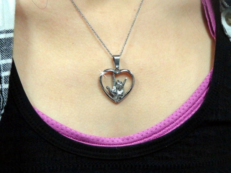 American Sign Language "I love you" Heart Necklace(large or medium pendant), (S244/246) - Shop Palmers