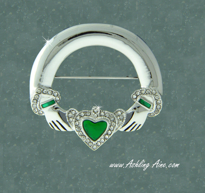 Beautiful Claddagh Pin with CZ and Green Enamel (JPEW6030) - Shop Palmers