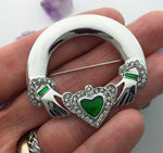 Beautiful Claddagh Pin with CZ and Green Enamel (JPEW6030) - Shop Palmers