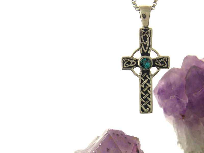 Celtic High Cross with choice of Emerald, amethyst, ruby, sapphire CZ (S146/chain) - Shop Palmers