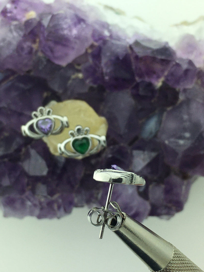Claddagh Emerald & Amethyst CZ POST Earrings (S160) - Shop Palmers