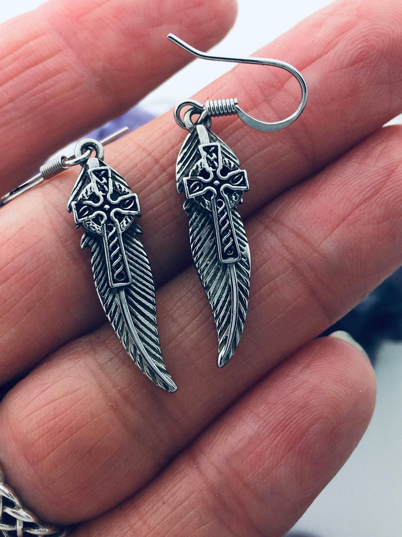 Faithfulness Celtic High Cross Feather Earrings (HM122) - Shop Palmers