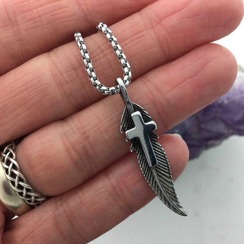 Faithfulness Feather Cross Necklace (HM121) - Shop Palmers