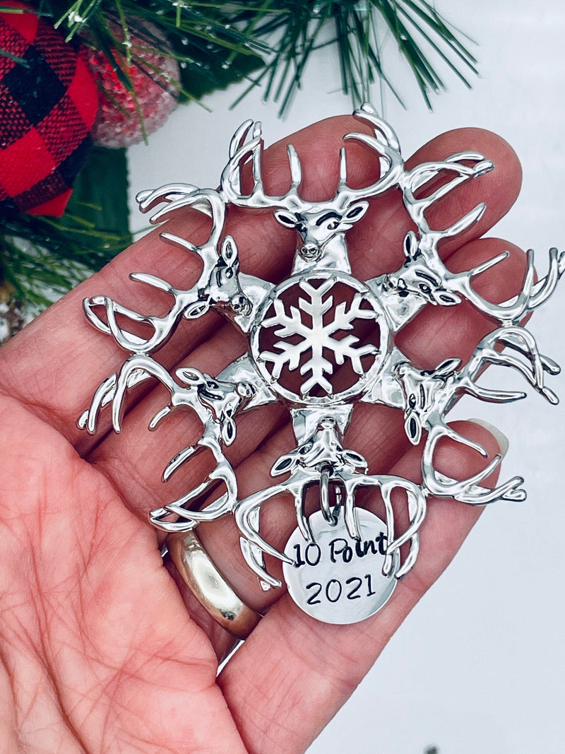 Personalized Deer SnowWonders® Snowflake Ornament,(5450/point) Deer Hunter ornament, Stag Ornament, Personalized with point and year.