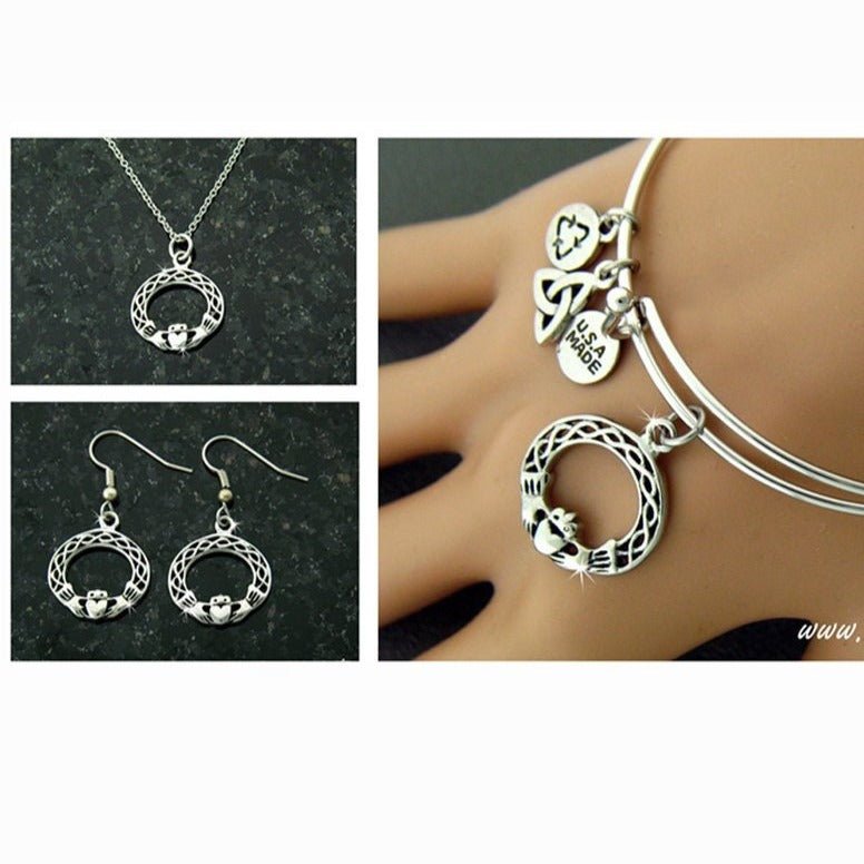 Irish Claddagh &Love knot Pendant, Earrings, Bracelet Irish knot Set ( SHCH6set)
