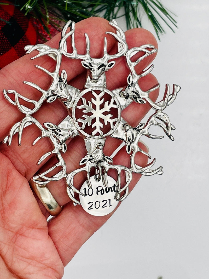 Personalized Deer SnowWonders® Snowflake Ornament,(5450/point) Deer Hunter ornament, Stag Ornament, Personalized with point and year.