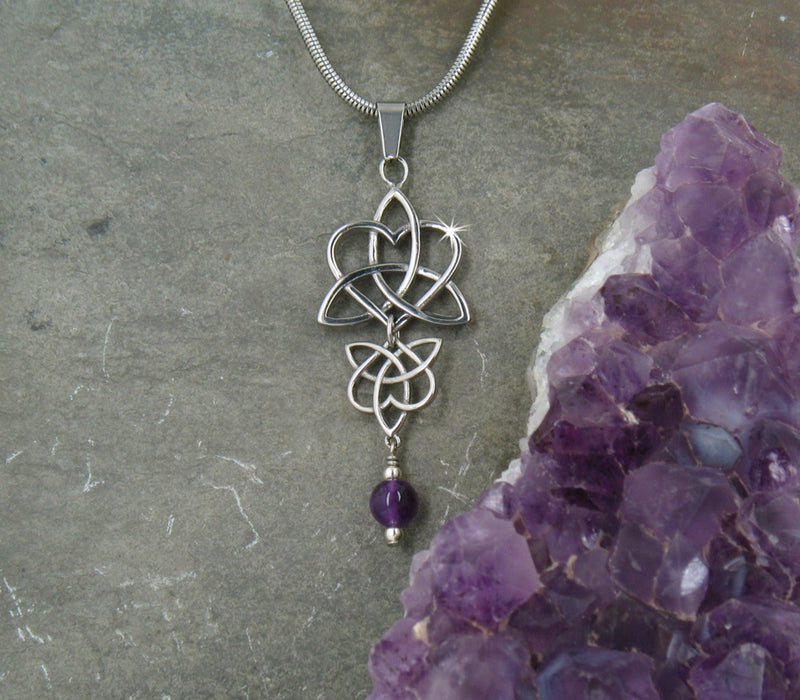 Reflections Emerald /Amethyst Celtic Heart &Trinity Pendant/Chain (HM9)