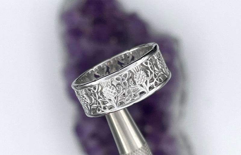 Sterling Silver 5mm Scottish Strengh Trinity & Thistle Band Ring (Css10/Css11) Scottish Wedding bands - Shop Palmers