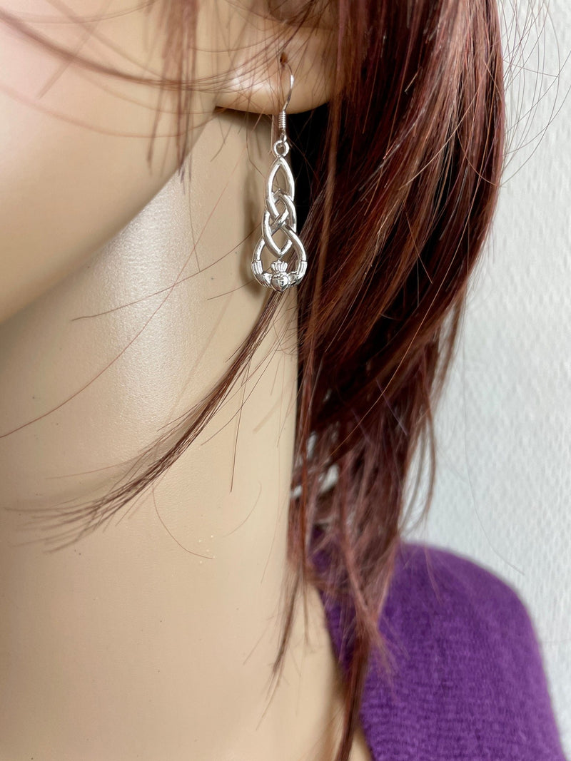 Sterling Silver Claddagh & Celtic love Knots Drop earrings (Q1151E)