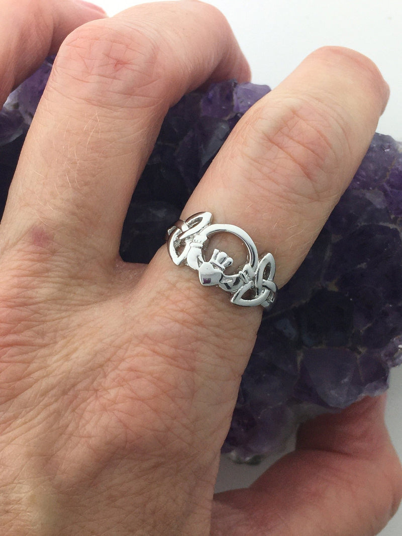 Sterling Silver Claddagh & Trinity Knot Ring (BQ513)