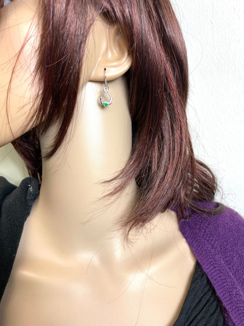 Sterling Silver Emerald Claddagh Earrings (BQ552)