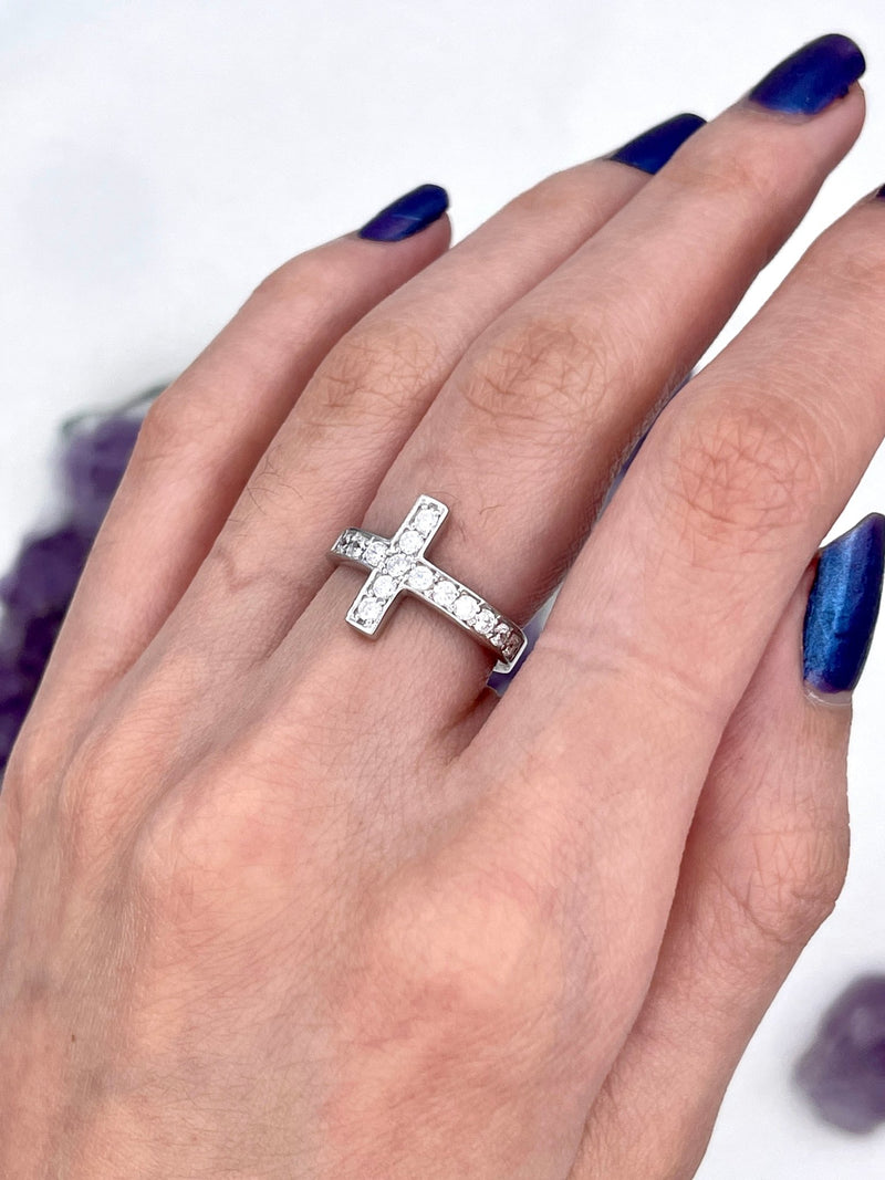 Sterling Silver "Love Story" Cross CZ Ring, (SSCross)