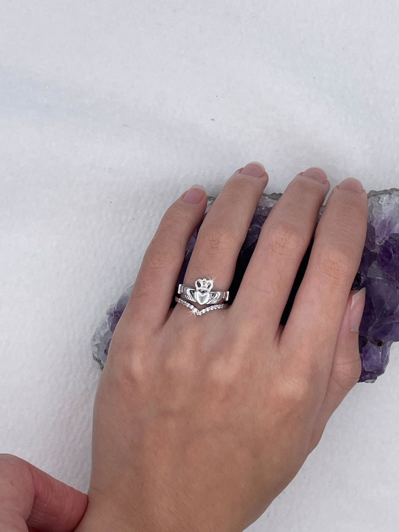 Sterling Silver set of 3 Claddagh/ V band pairing CZ Rings
