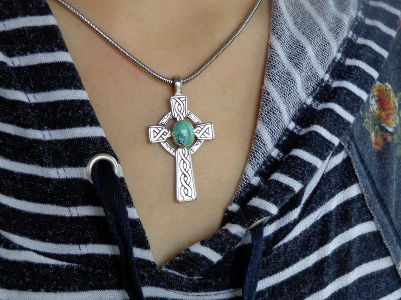 Turquoise OR Connemara Celtic High Cross Necklace, (HMs84TUR)